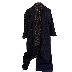 Eileen Fisher Open Front Long  Cardigan L Open Knit Italian Yarn Minimalist Navy